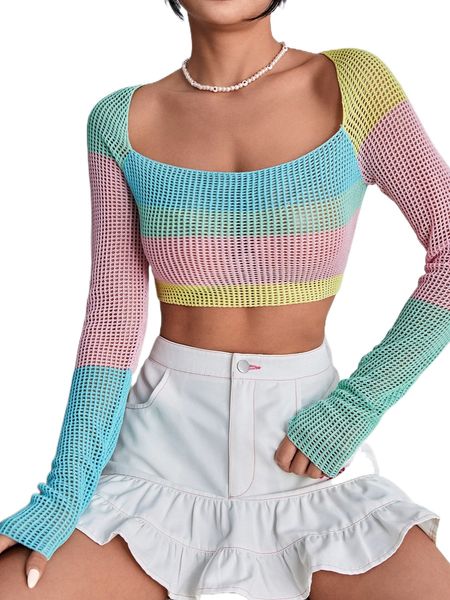 

colorblock pointelle knit scoop neck crop sweater p9be#, White;black