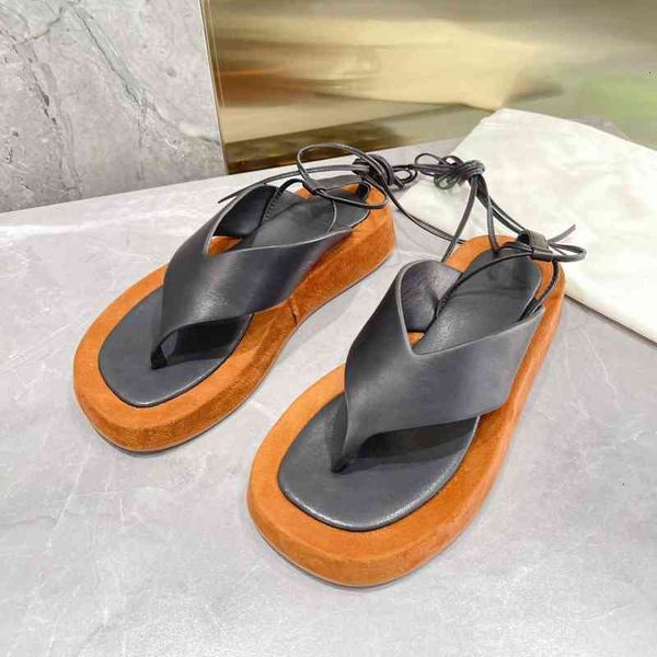 

sandals women's leather summer sandals ankle lace up flip flops increased waist, Black