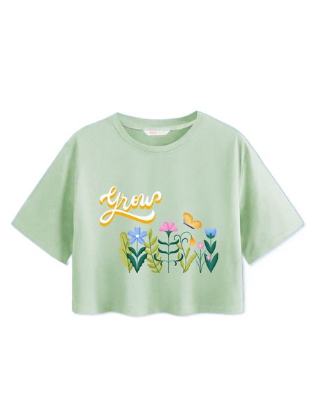 

romwe x the pink type plants print crop tee f9dj#, White