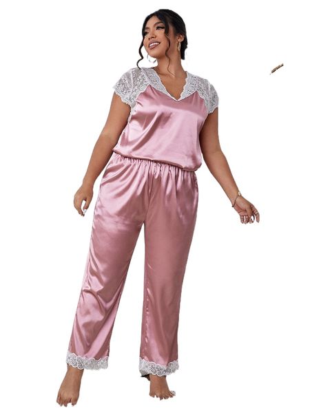 

plus eyelash lace panel satin & pants pj set q6go#, Black;white