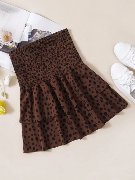 

dalmatian print shirred layered hem skirt 14zc#, Black