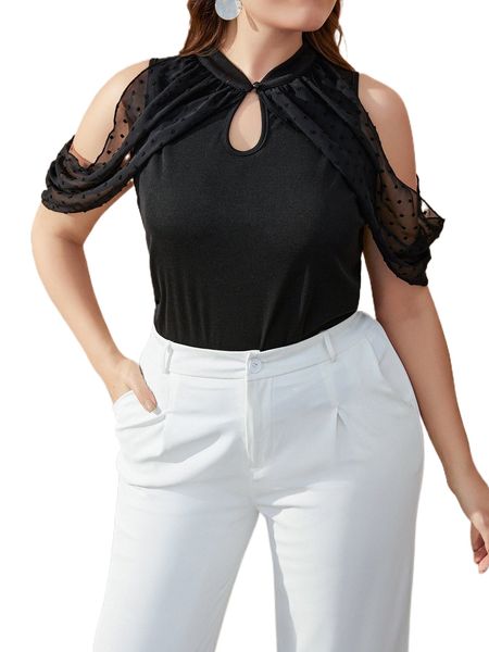 

plus swiss dot cold shoulder cut out front a5kt#, Black