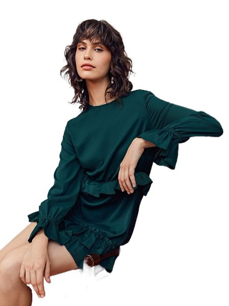 

x macario jimenez flounce sleeve layered hem dress e4wl#, Black;gray