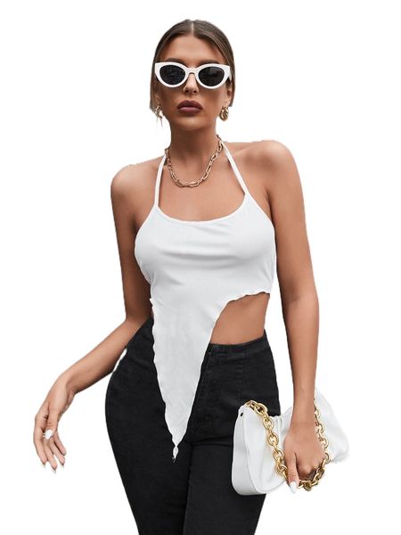 

x domelipa solid asymmetrical hem halter u5e5#, White