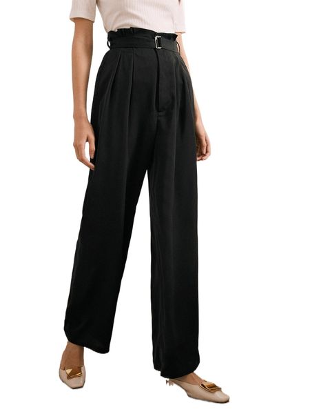 

paperbag waist fold pleated straight leg belted pants p7v7#, Black;white