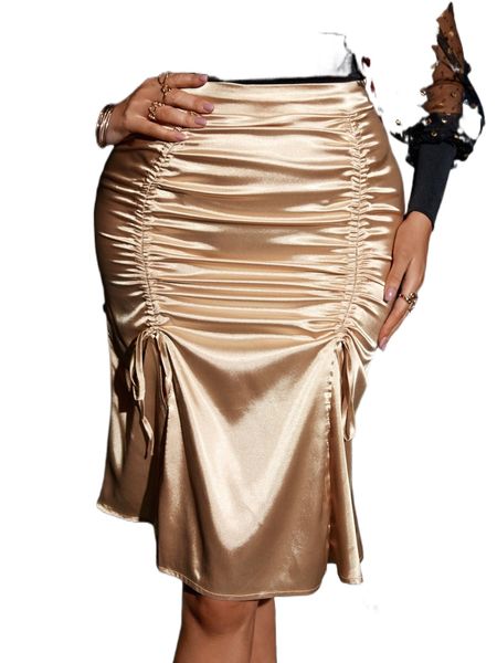 

sxy high waist drawstring satin skirt 52z5#, Black
