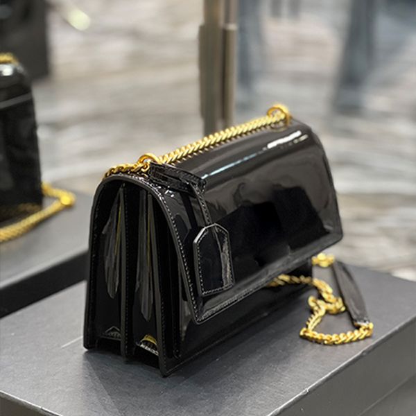

classic chain sunset bag italian cowhide black patent leather gold buckle shoulder messenger handbag bright letter small square bag satchel