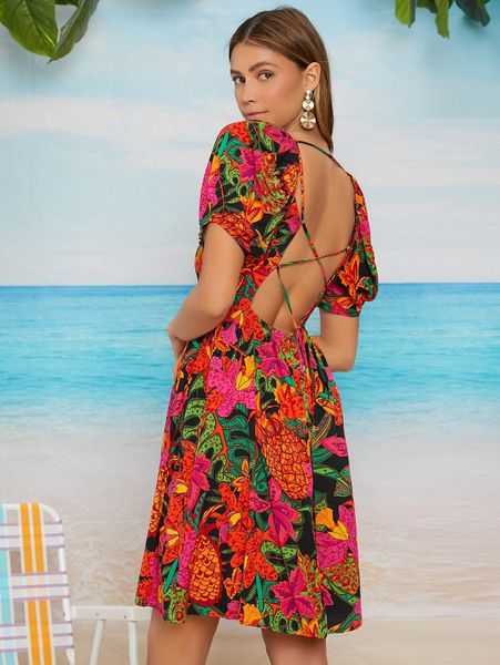 

tropical print lace up backless puff sleeve dress z2eh#, Black;gray