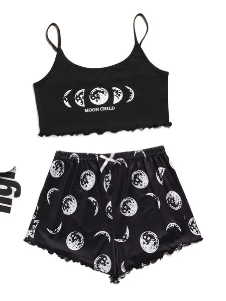 

moon print lettuce trim pajama set 68ny#, Black;red