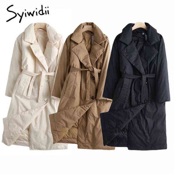 

syiwidii woman long parkas cotton casual warm fall loose clothing for women jacket single breasted winter coats with belt 211118, Black