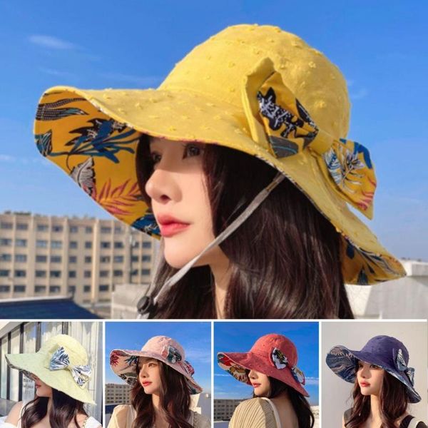 Visorlar Kadınlar Cap Sun Hat Geniş Brim Yay Güneş Koruyucu Çiçek Baskı Tasarımı Katlanabilir Kova Anti-UV Seyahat Plajı Yaz için