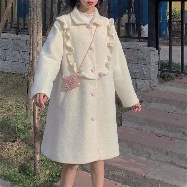 

white wool winter coat women warm sweet loose trench coat female button patchwork korean japanese kawaii chic thick coat 201223, Black