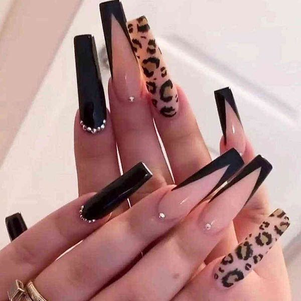 

false nails 24pcs press on tips long coffin black deep v shape with rhinestones leopard full cover fake nail 0616