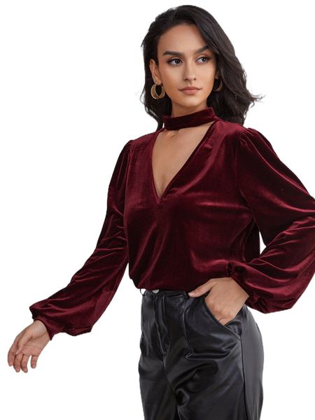 

keyhole neck lantern sleeve velvet 99at#, White