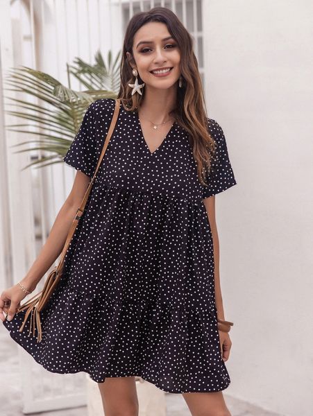 

polka dot print smock dress z4af#, Black;gray