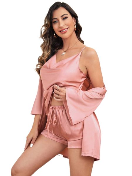 

draped front slip & shorts & belted robe satin pj set p8ou#, Black;red