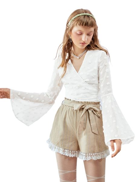 

mod swiss dot flounce sleeve bow back blouse p7ha#, White