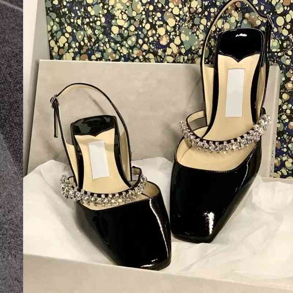 

sandals spring woman comfortable sandal black patent leather casual shoes block heel crystal-embellished ballet round toe slingback sandals