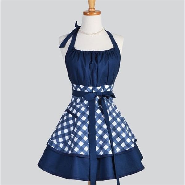 Blue Black Gingham Retro Kitchen Apron Woman Cotton Cooking Salon Avental de Cozinha Diverertido Pinafor