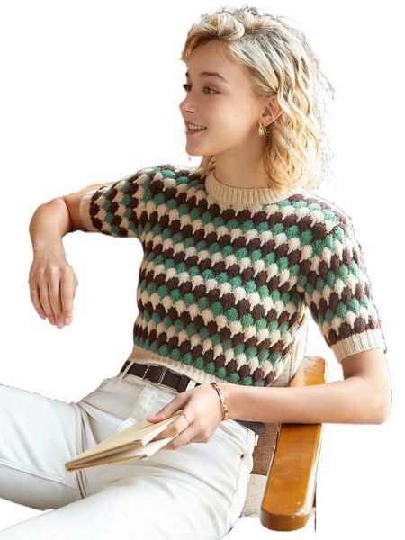 

knit mix colorblock crop knit d2vb#, White;black