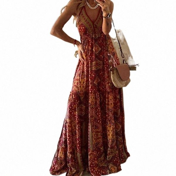 

casual dresses 2022 boho style deep v-neck backless maxi dress robe femme sleeveless sling long spring summer floral print party 80zf#, Black;gray