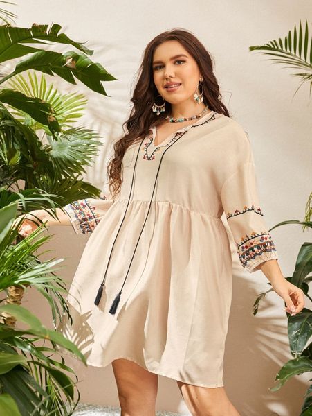 

plus tie neck embroidery smock dress 726d#, Black