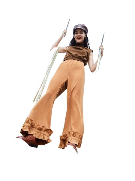 

x shannen high waist frill trim wide leg pants e25c#, Black;white