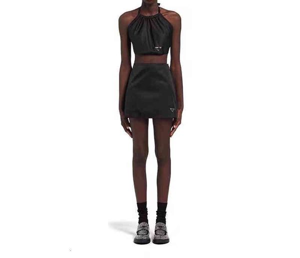 

two piece dress spring and summer nylon p neck open back lace up suspender vest + skirt, White