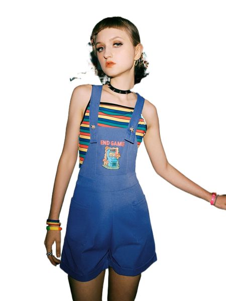 

romwe x welnust street life cartoon graphic dual pocket pinafore romper q1rb#, Black;white