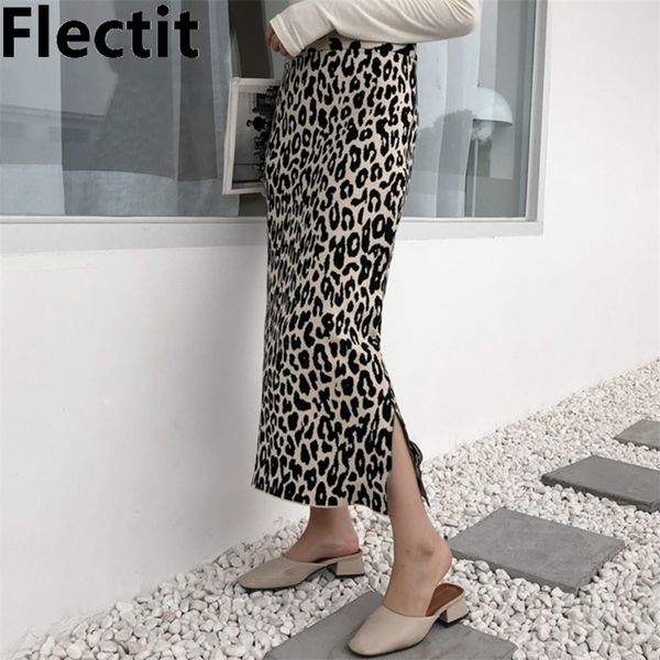 

flectit animal print midi skirt women high waist side split soft wool blend leopard bodycon knitted midi skirt t200324, Black