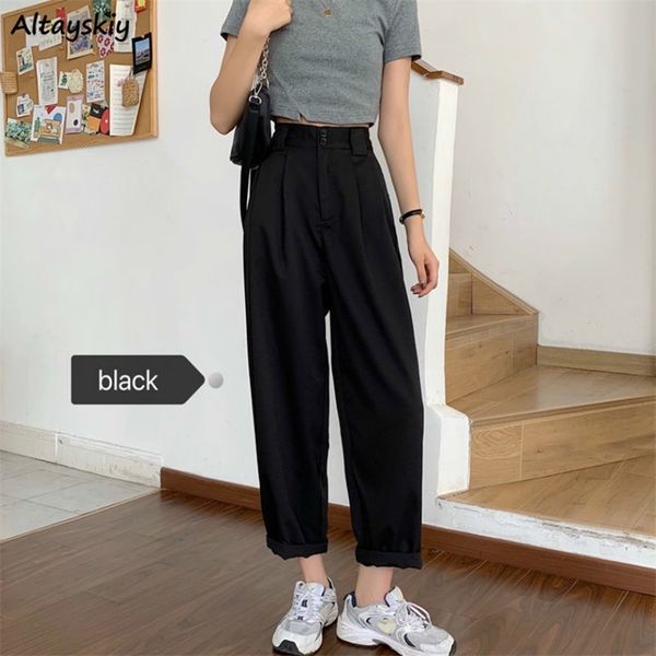 

allmatch basic summer bf style minimalist ladies anklelength trousers wideleg chic leisure womens pant 220705, Black;white