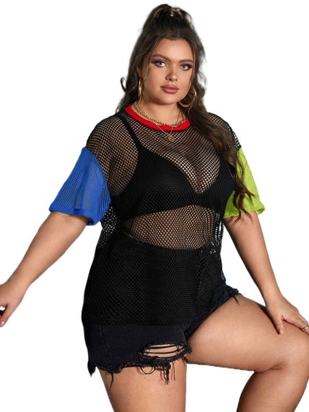 

plus color block drop shoulder mesh without bra 63tr#, Black