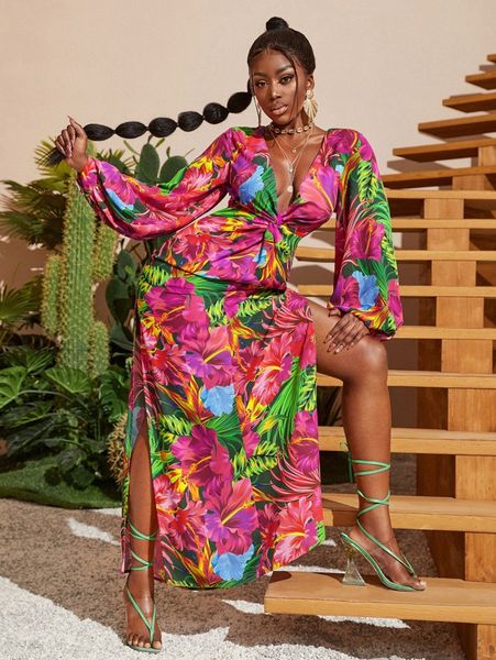 

sxy twist front high split tropical print dress u1b5#, Black;gray