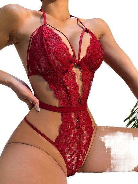 

floral lace scallop trim cut-out teddy bodysuit 95c6#, Black;red