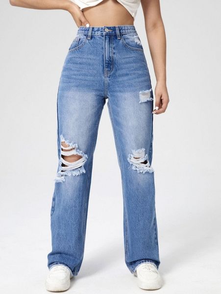 

light washed high waist ripped jeans l0ps#, Blue