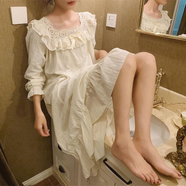 Mulheres de qualidade para o sono feminino pijamas vestido gótico vintage de algodão branco manga de renda sexy embelezada bainha camisola de bainha