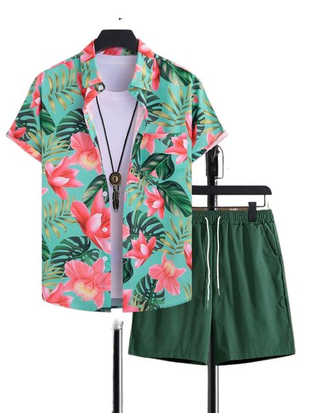 

men tropical print patched pocket shirt & drawstring waist shorts without tee o5r6#, Gray