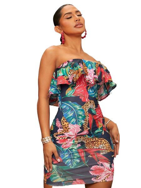 

sxy tropical and leopard print ruffle detail tube dress q4ar#, Black;gray