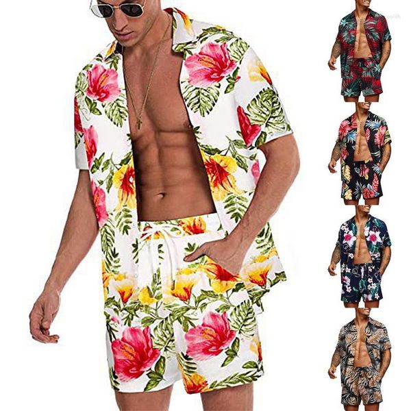 Мужские спортивные костюмы гавайские мужские модные наборы летние печати с коротким рукавом рубашка с коротки