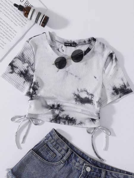 

tie dye drawstring ruched ribbed tee j6yg#, White