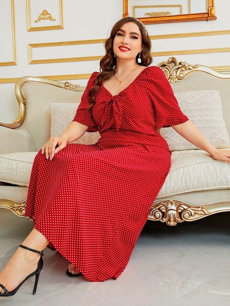 

plus polka dot tie front puff sleeve dress h6ij#, Black