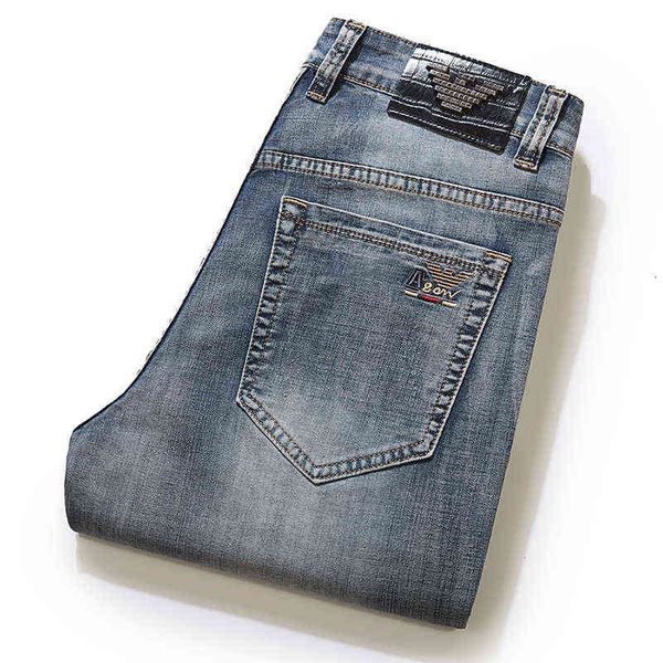 

brand big spring and summer jeans men's straight elastic youth middle waist washed busin casual pants trend, Blue