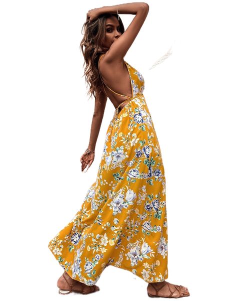 

floral print criss cross tie backless tulip hem dress n4zm#, Black;gray