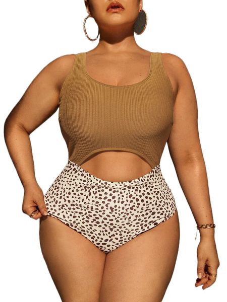 

plus dalmatian print cut out one piece swimsuit v5ob#, White;black