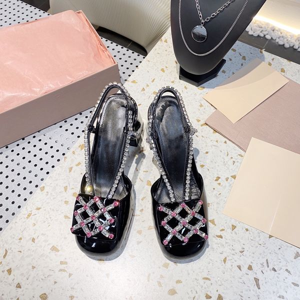 

2021 spring summer designer new genuine leather high hee sandal leak shoes rhinestone decoration for ladies, Black