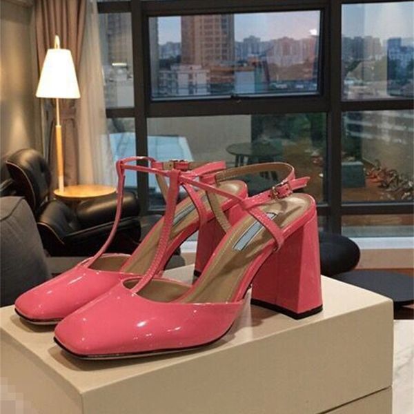 

sandals spring and summer style square head patent leather wrapped back empty t-shaped buckle high heels thick women's shoes w5vm, Black