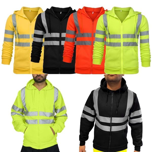 

men's hoodies sweatshirts fleece sweatshirt zip hooded night work high visibility jacket hi viz vis reflective pullover hoodie 230206, Black