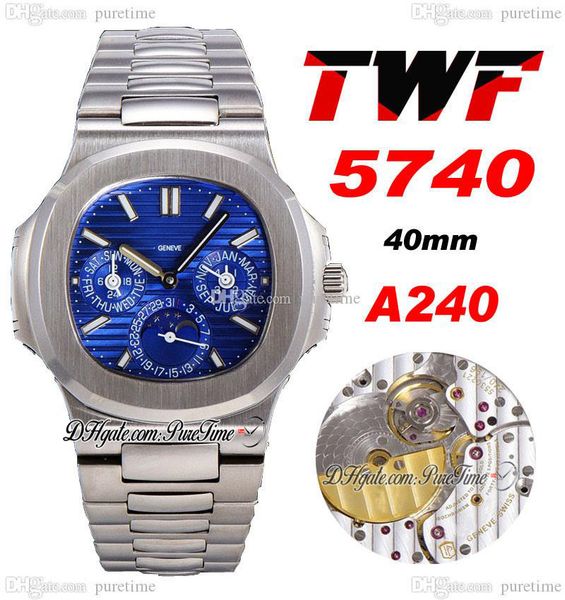 

twf 5740 perpetual calendar moon phase a240 automatic mens watch blue textured dial silver white stick markers stainless steel bracelet supe, Slivery;brown