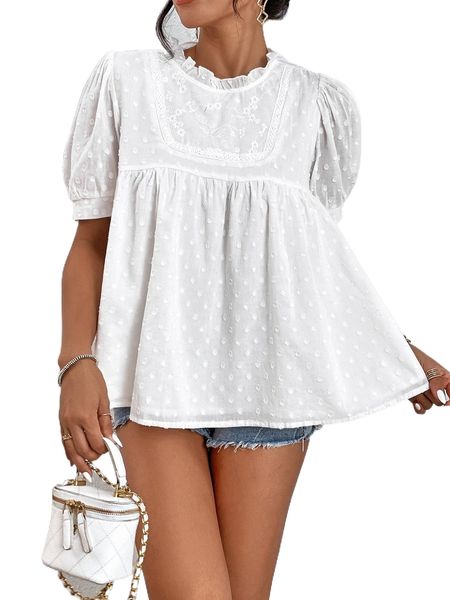 

swiss dot frill neck keyhole back blouse y178#, White