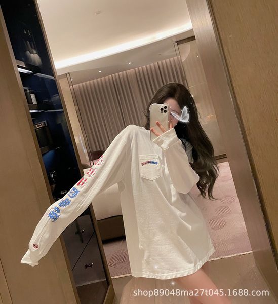 

women's t-shirt designer chaopai 22ss early spring new flower arm sanskrit printed long sleeve t-shirt color printing super personality, White